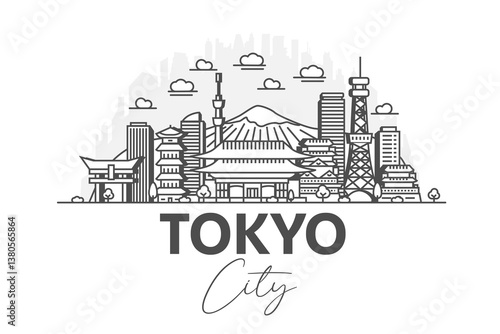 Tokyo, Japan architecture line skyline illustration with shadows. Linear vector cityscape with famous landmarks, city sights, design icons.