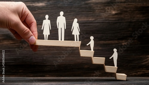 Hand Holding Paper Family Figures Ascending Wooden Steps