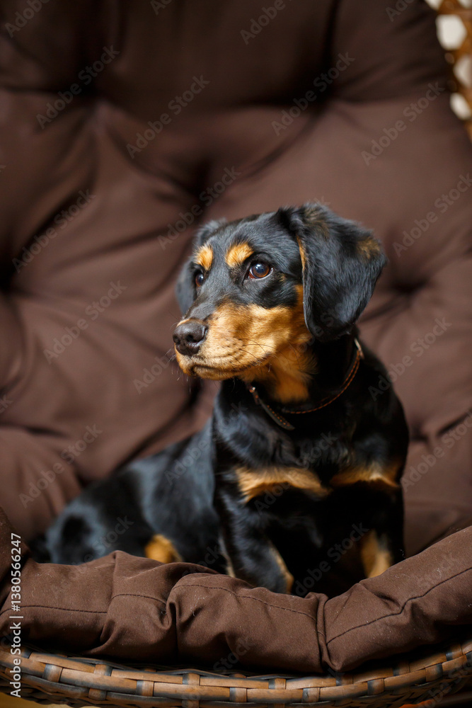 A charming and adorable Rottweiler puppy is resting comfortably while enjoying a cozy chair, radiating warmth and happiness with its lovable personality, making it a perfect companion to cuddle with