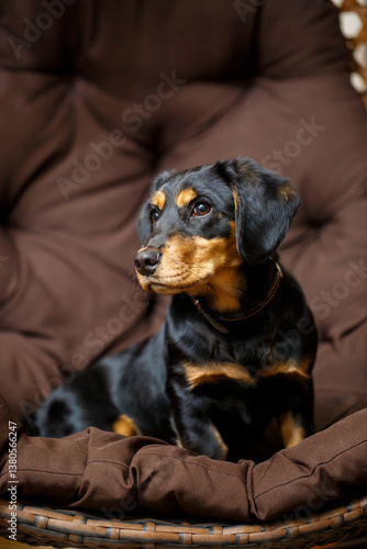 Obraz na płótnie A charming and adorable Rottweiler puppy is resting comfortably while enjoying a cozy chair, radiating warmth and happiness with its lovable personality, making it a perfect companion to cuddle with w salonie
