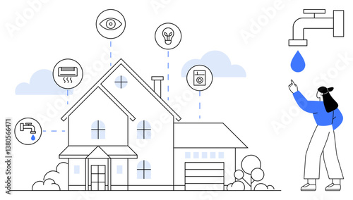 Smart home with icons for lighting, security, appliances, and water management. Woman controls water usage via mobile. Ideal for sustainability, IoT, energy management, innovation home tech