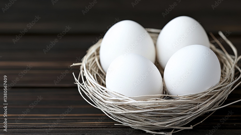 Fresh white eggs nestled in natural straw nest, symbolizing new beginnings and simplicity in rustic setting Fresh white eggs nestled in natural straw nest, symbolizing new beginnings and simplicity in rustic setting