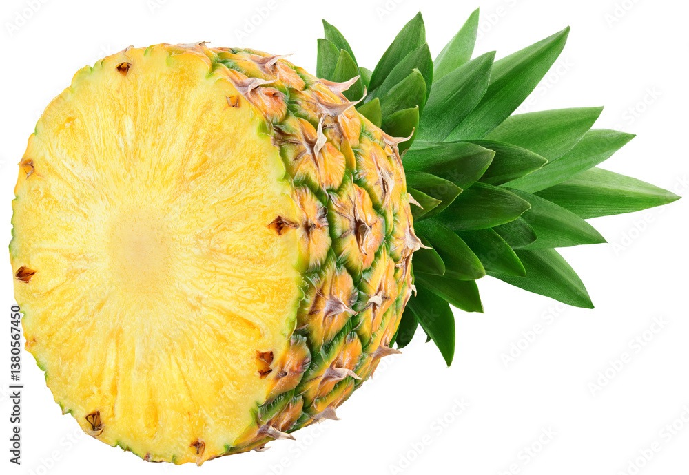 Fototapeta premium Pineapple isolated png. Pineapple half with leaves on transparent background. Cut pineapple no background. Sliced pineapple transparent png. Full depth of field.