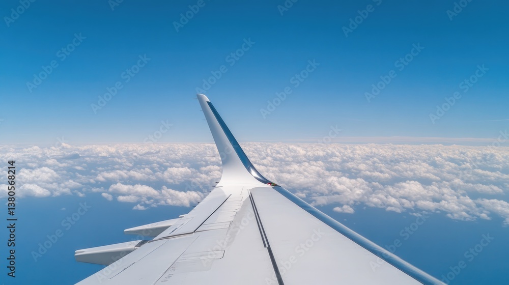 Obraz premium Wing of airplane above fluffy clouds under bright blue sky creat
