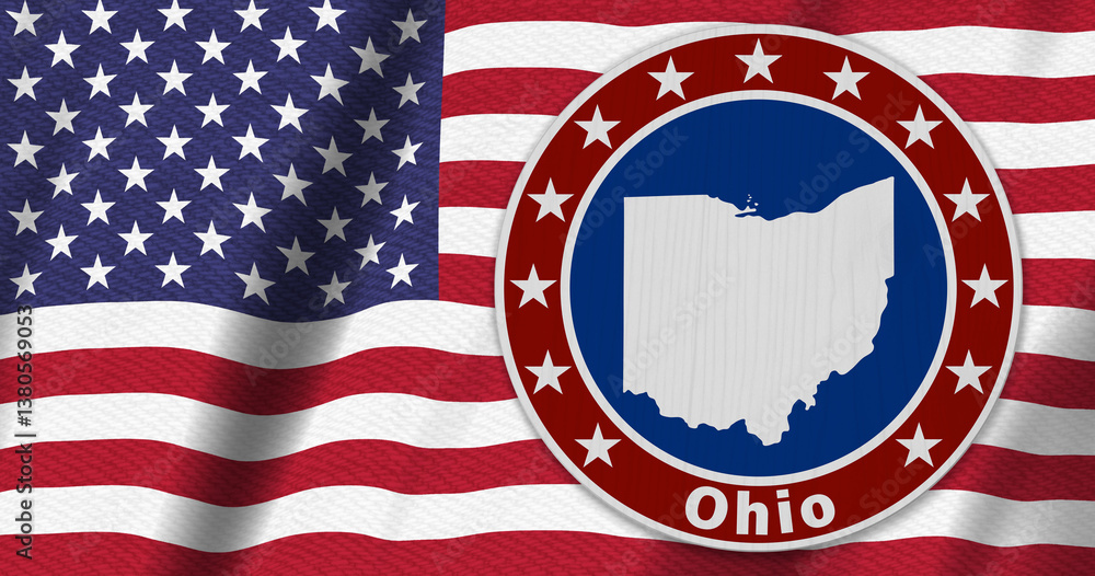 Ohio map with stars on a US red, white and blue road sign