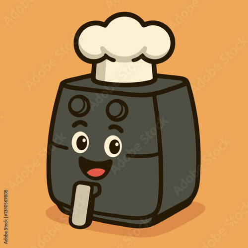 Flat Vector Illustration of a Cheerful Air Fryer with Chef Hat