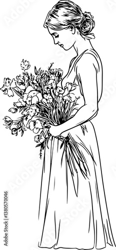 Elegant woman holding a bouquet of flowers in a graceful pose surrounded by nature. Vector illustration