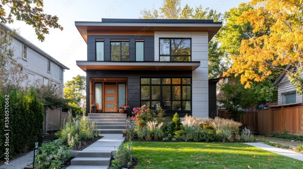 Modern two-story house with sleek design, landscaped yard, and autumn foliage. Modern two-story house with sleek design, landscaped yard, and autumn foliage.