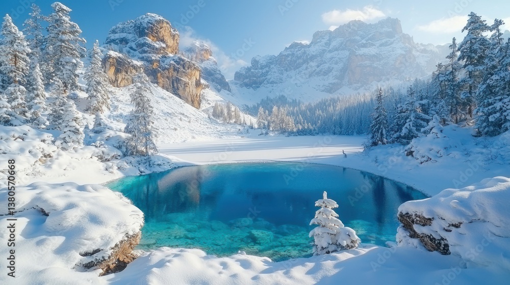 Fototapeta premium Winter Wonderland: Enchanting Turquoise Lake Nestled Amongst Snow-Capped Mountains