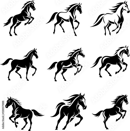 Horse vector set featuring graceful rearing, running, and standing poses, equine logo pack, animal silhouette collection, wild pet icons, black graphic symbols, minimal design.