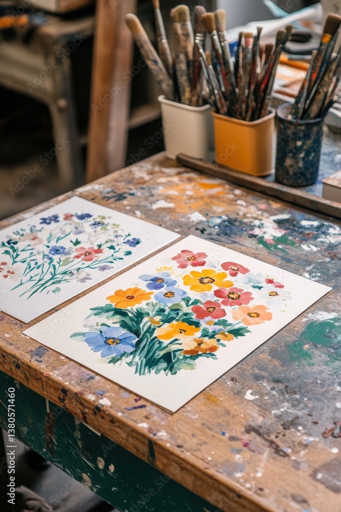 Hand-painted gouache greeting cards with floral designs on a workbench Hand-painted gouache greeting cards with floral designs on a workbench