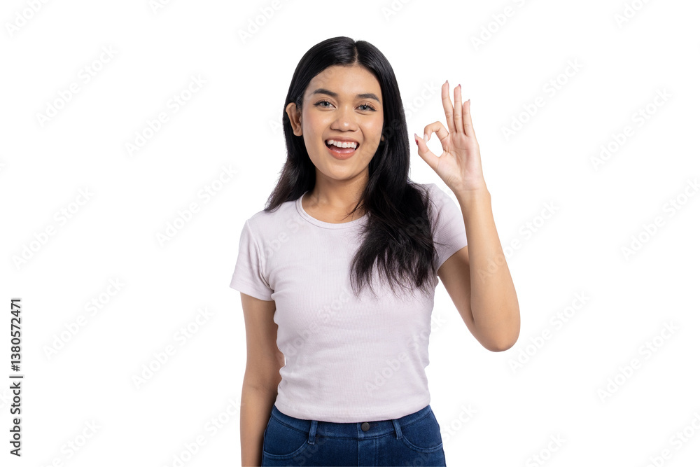 Happy young Asian woman showing OK hand gesture, smiling and expressing positivity, isolated on transparent background Happy young Asian woman showing OK hand gesture, smiling and expressing positivity, isolated on transparent background