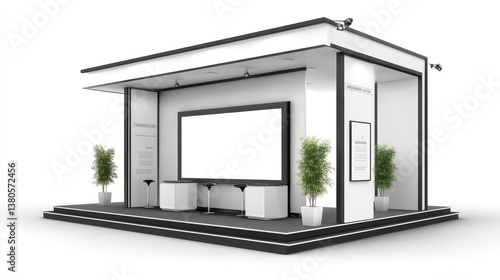 Modern white exhibition booth with blank screen, plants, and minimalist design, isolated on white background.
