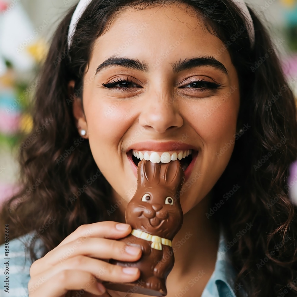 Close-up of a young woman playfully biting a chocolate bunny with a mischievous smile. Bright, premium Easter aesthetic. 1:1 format. Close-up of a young woman playfully biting a chocolate bunny with a mischievous smile. Bright, premium Easter aesthetic. 1:1 format.