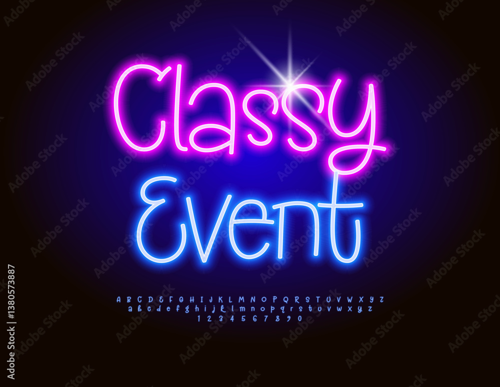 Vector Glowing invitation Classy Event. Funny Neon Alphabet Letters and Numbers set, Blue Electric Font Vector Glowing invitation Classy Event. Funny Neon Alphabet Letters and Numbers set, Blue Electric Font