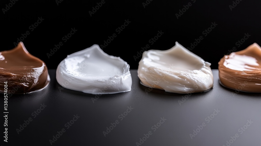 Smooth textures of various creams arranged in line, showcasing r Smooth textures of various creams arranged in line, showcasing r
