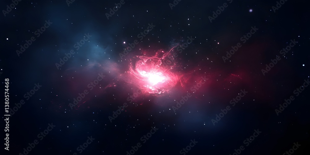 Naklejka premium A vibrant cosmic cloud with bright center surrounded by twinkling stars in a dark blue space scene