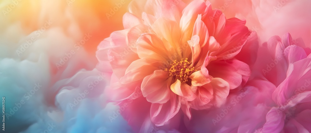 A soft focus image of a dahlia flower with pastel colors and a dreamy ethereal background effect A soft focus image of a dahlia flower with pastel colors and a dreamy ethereal background effect
