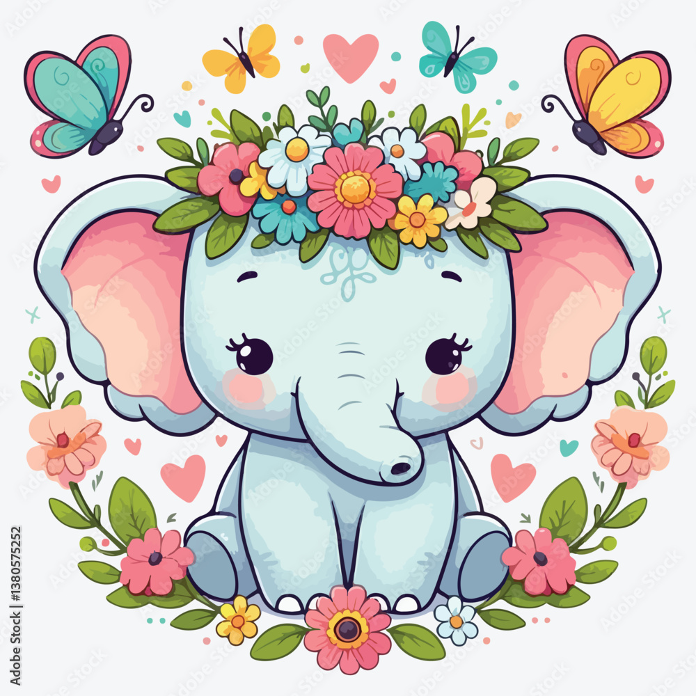 Cute cartoon elephant with flower wreath and butterflies. stock illustration Cute cartoon elephant with flower wreath and butterflies. stock illustration
