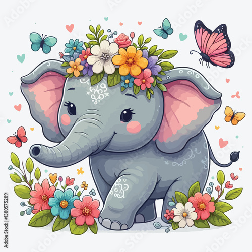 Cute cartoon elephant with flower wreath and butterflies. stock illustration