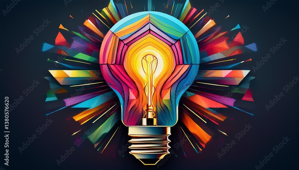 abstract geometric design of lightbulb with vibrant colors and dynamic lines symbolizing creativity and innovation