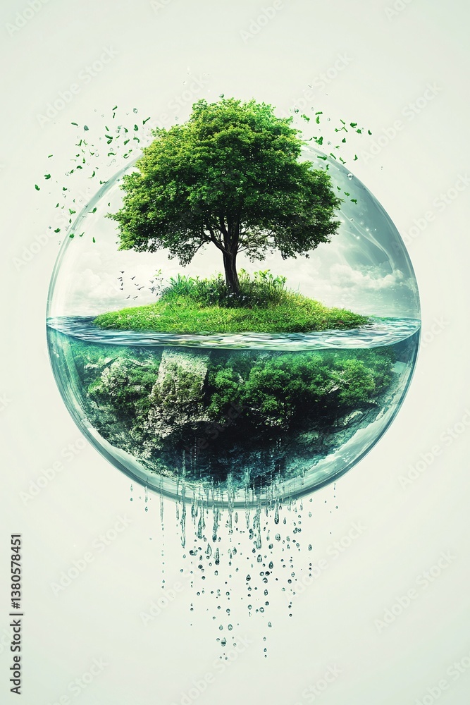 A vibrant green tree thrives on a small island, encased within a transparent sphere, symbolizing the delicate balance of nature. A vibrant green tree thrives on a small island, encased within a transparent sphere, symbolizing the delicate balance of nature.