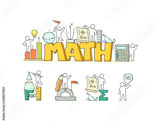 Math sciences education in school. Doodle icons with formulas, algebra symbols, geometry graph. People learning mathematics with rulers, pencils and calculator, vector hand drawn illustration