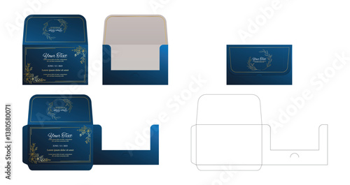 Blue Luxury Business Card or Wedding Card sleeve die cut and mock up template. Envelopes mockup front and back view.