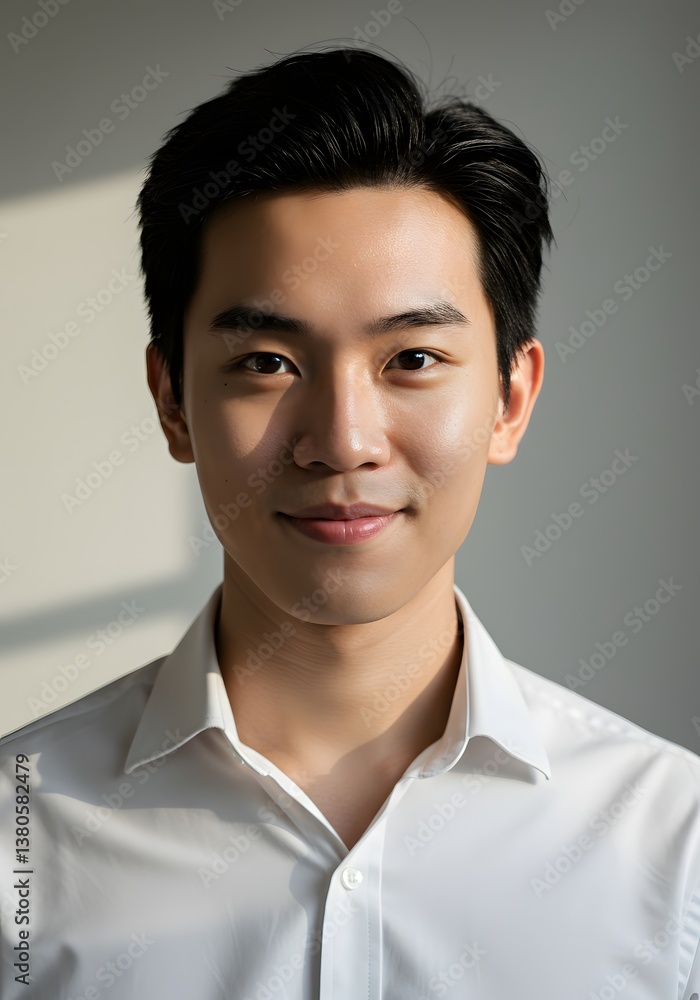 Portrait of a Smiling Asian Man in White Shirt with Natural Light, Headshot. Portrait of a Smiling Asian Man in White Shirt with Natural Light, Headshot.