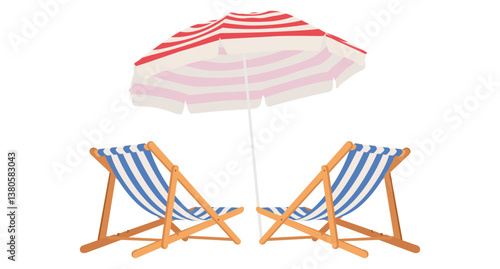 Two hand drawn beach chairs with umbrella. Summer banner. Rent folding beach chairs. 