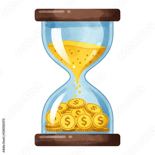 Bold Watercolor Flat Hourglass Money Icon. A flat watercolor vector icon of an hourglass filled with golden coins instead of sand, painted in bold yellows and deep browns