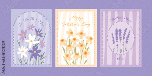 Set of three Mother's Day cards with hand drawn spring flowers including crocuses, daffodils, lavender. Decorative floral greeting card templates on pastel background for posters, covers, celebration