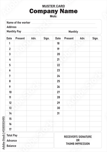 Attendance and payment record card designed for construction workers,