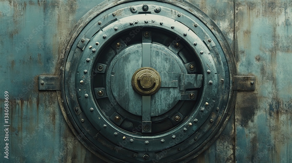 Naklejka premium Secure vault door closure abandoned warehouse image industrial close-up mystery