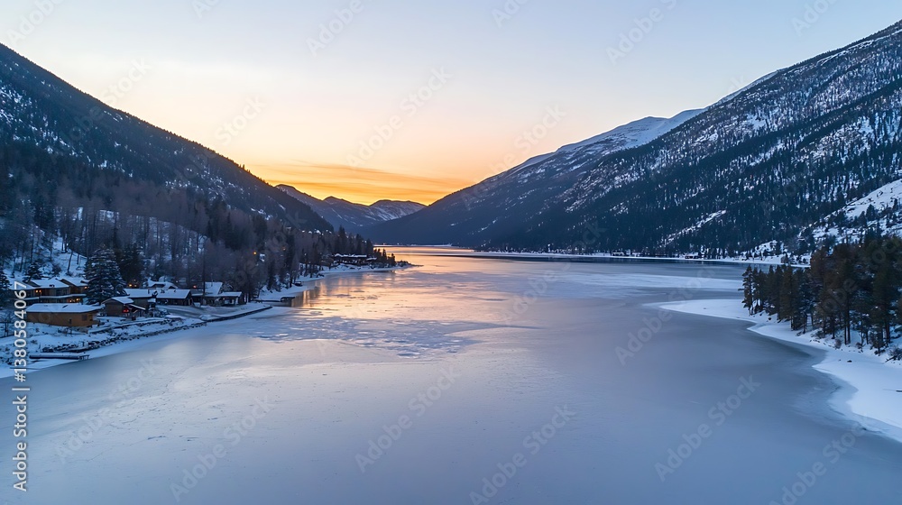 Obraz premium Sunrise over frozen lake in snowy mountains.