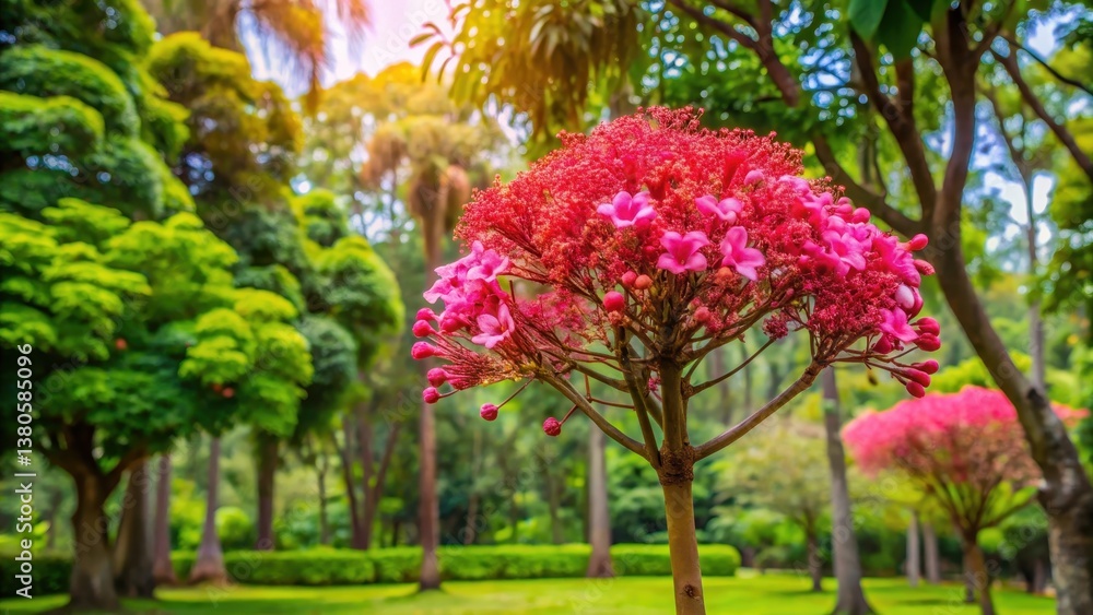 Naklejka premium A single beautiful pink Brachychiton flower blooms in a lush green garden amidst tall trees and vibrant foliage, blossom, pink flower