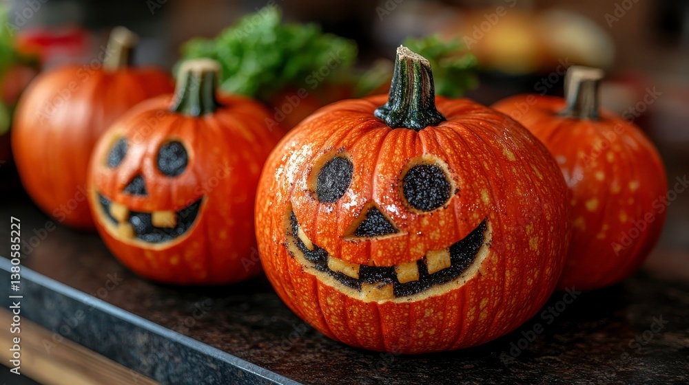 Carved pumpkins with friendly faces sit on a dark surface Carved pumpkins with friendly faces sit on a dark surface