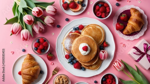 Top view of Mother Day brunch with tulips, pancakes, croissants, berries on pink background. Festive family breakfast, meal with flowers for catering. Sweet dessert with gift, celebrate woman holiday.