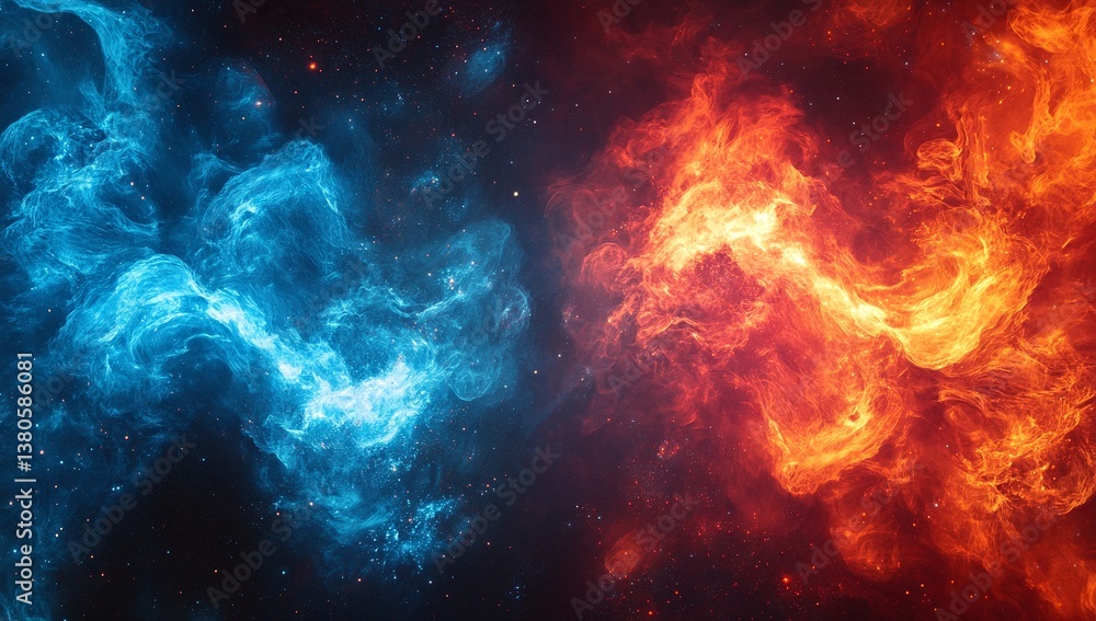 Fiery abstract art. Contrasting colors of blue and orange create a visually striking image. Fiery abstract art. Contrasting colors of blue and orange create a visually striking image.