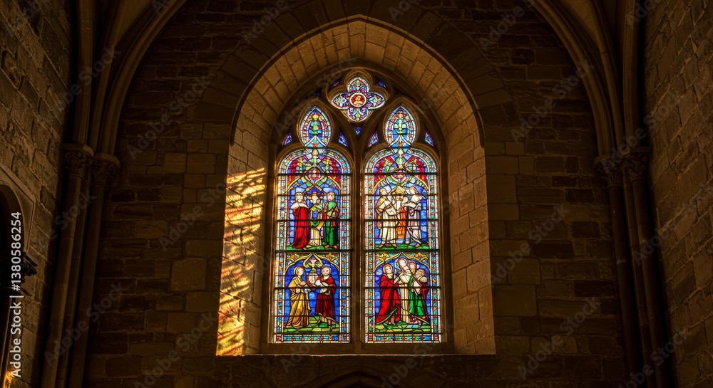 Arched Stained Glass Window in Stone Wall - A vibrant stained glass window, bathed in warm sunlight, symbolizes faith, spirituality, history, artistry Arched Stained Glass Window in Stone Wall - A vibrant stained glass window, bathed in warm sunlight, symbolizes faith, spirituality, history, artistry