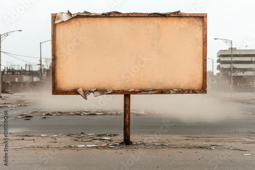 Weathered billboard stands alone in desolate urban landscape, ev