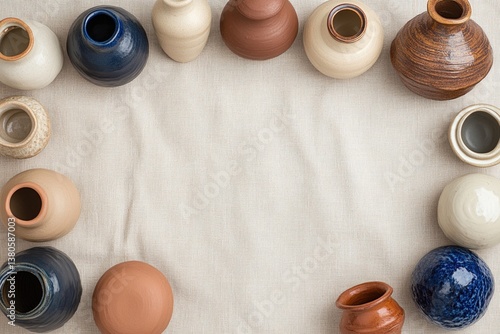 Colorful pottery arranged in circular pattern, showcasing unique