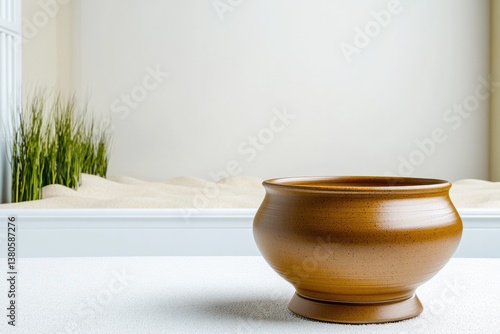 Elegant clay bowl positioned in minimalistic interior, showcasin