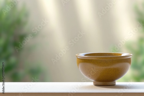 Simple ceramic bowl positioned on ledge, surrounded by soft natu
