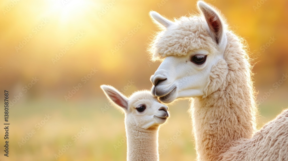 Obraz premium Adorable llama and baby in sunlit pasture during golden hour. Mother's Day, Mothering Sunday, Dia de la Madre - Global Maternal Celebration, Worldwide Family Holiday