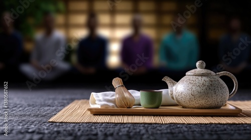 Traditional tea set on mat, soft focus background with seated fi