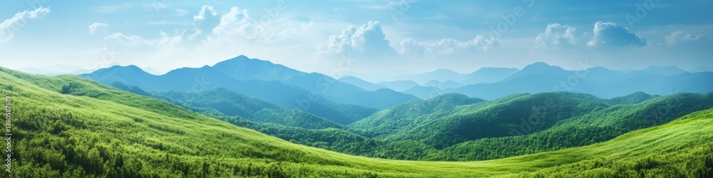 Fototapeta premium A panoramic view of lush green hills under a bright blue sky, with soft clouds drifting above and distant mountains creating a serene backdrop, ideal for nature-themed projects
