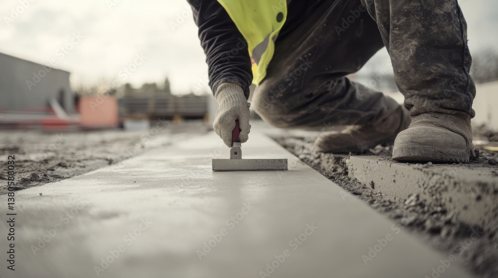 A construction worker testing a concrete slab for level. Featuring expertise and precision A construction worker testing a concrete slab for level. Featuring expertise and precision