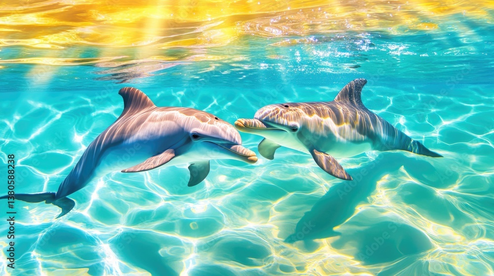 Obraz premium Playful dolphins swimming in vibrant clear ocean waters under sunlight. Mother's Day, Mothering Sunday, Dia de la Madre - Global Maternal Celebration, Worldwide Family Holiday