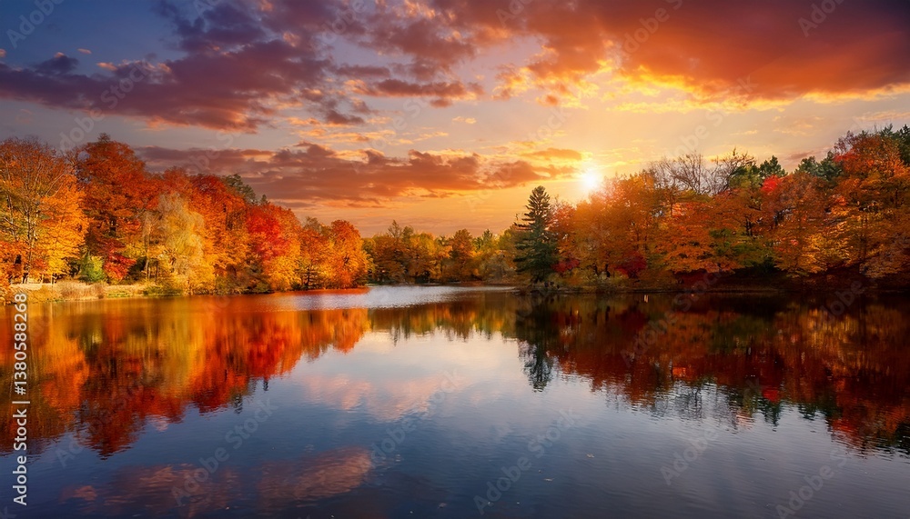 serene autumn landscape with vibrant orange red and yellow foliage reflecting in the calm waters of a tranquil lake at sunset peaceful natural scene with a glowing sky cloudy atmosphere serene autumn landscape with vibrant orange red and yellow foliage reflecting in the calm waters of a tranquil lake at sunset peaceful natural scene with a glowing sky cloudy atmosphere